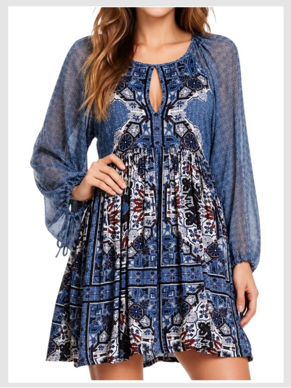 Free People Oksana Mini Dress Blue Long Sleeve Western Print Size 4
